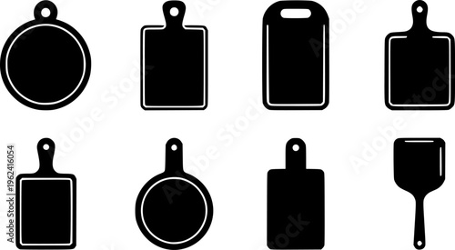 Collection of six different wooden cutting board icons in a minimalist style
