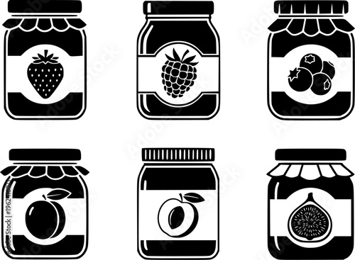 Collection of six black and white jam jar icons with fruit illustrations
