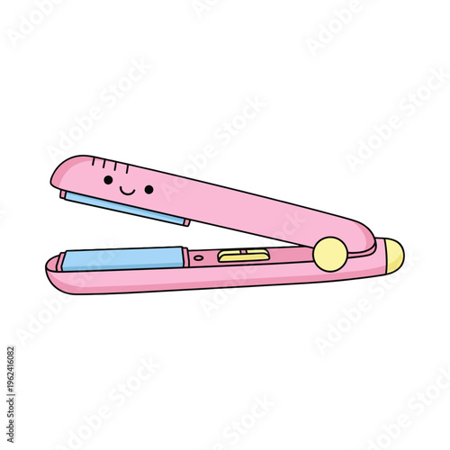 A cute cartoon illustration of a smiling pink hair straightener with a yellow button and blue plates on a white background.
