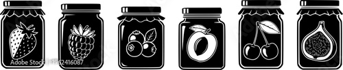 Collection of six black and white jam jar icons with fruit illustrations
