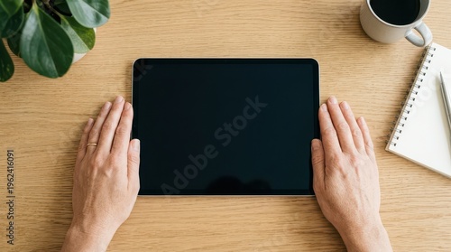 Tablet on wooden desk with hands coffee cup notebook and plant