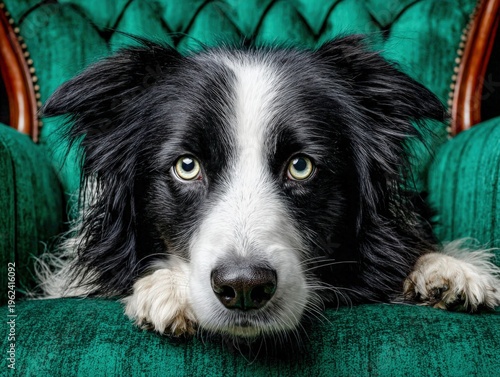Border collie rests on a vintage green chair