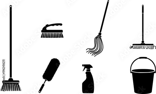 Collection of cleaning tools icons including brooms, brushes, and mop for household chores
