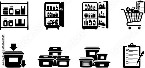 Collection of icons representing pantry organization, food storage, and inventory management

