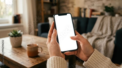 Hands holding smartphone with white screen in living room