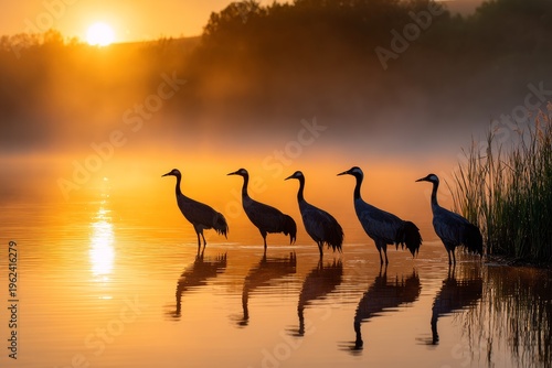 Cranes dance in the morning glow by the lakeside
