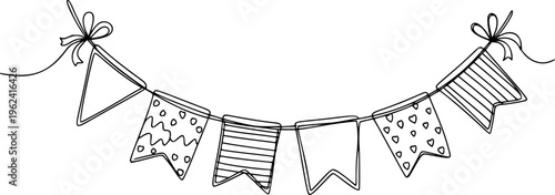 Continuous line art drawing buntings garland. Celebration party hand drawn flags. Vector linear illustration isolated on white.
