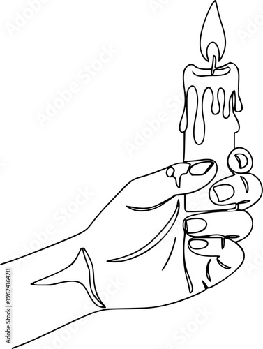 Continuous one line drawing of a hand holding burning candle. Human hands holding a memory candle. Melting wax candle in left hand. Vector minimalism design isolated on white background
