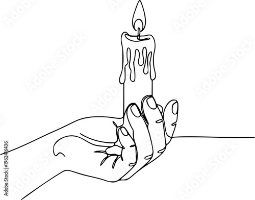 Continuous one line drawing of a hand holding burning candle. Human hands holding a memory candle. Melting wax candle in left hand. Vector minimalism design isolated on white background