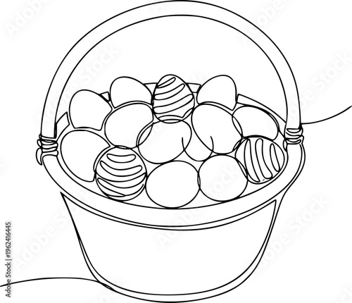 Minimalist one line drawing of a basket full of Easter eggs on a white background. Perfect for Easter themed graphics, cards, and social media posts. Continuous One Line Drawing of an Easter Basket.