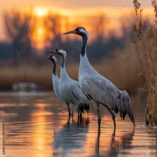 Cranes wading in calm waters at sunset glow