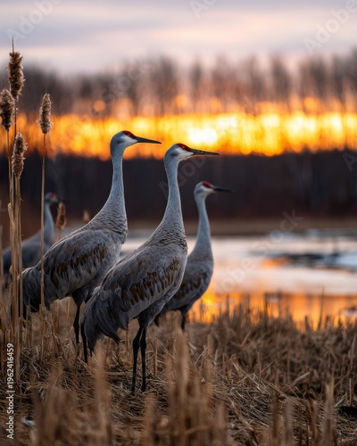 Graceful cranes silhouetted against a vibrant sunset