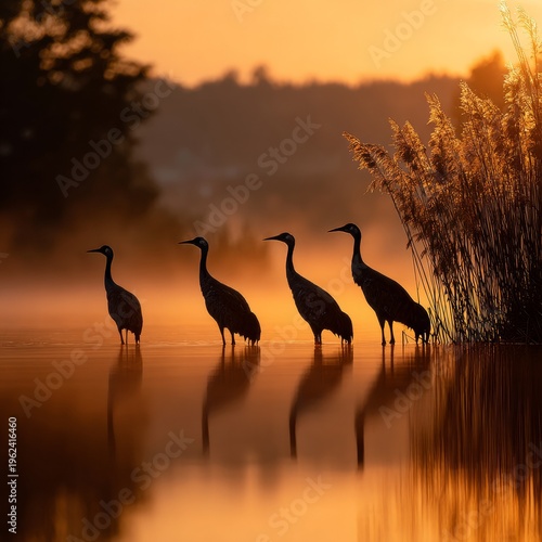 Graceful cranes dance at sunset by the serene lake