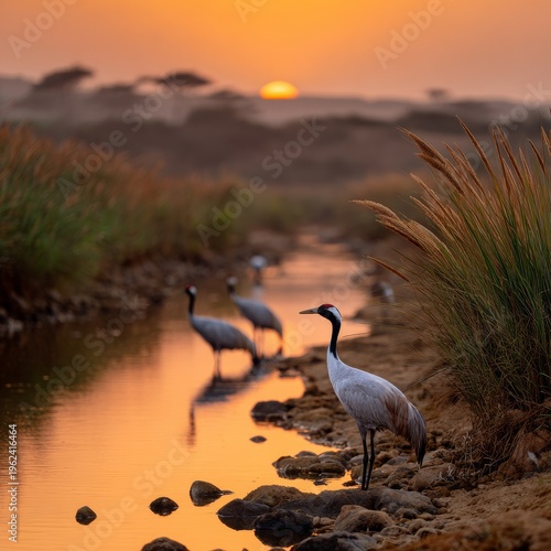 Cranes by the serene water under a glowing sunset