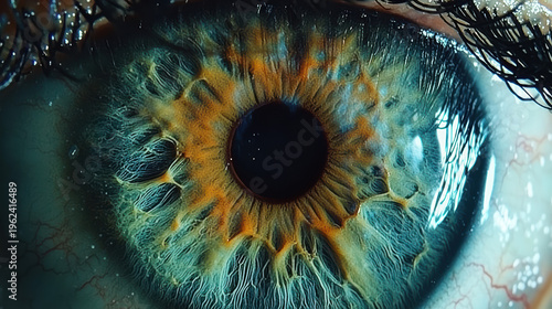 An extremely detailed close up shot reveals the stunning textures and intricate details of a human eye with a mesmerizing mix of blue and amber tones within its iris.