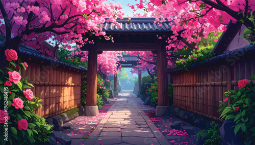 Walled lane, cherry branches, timber portal, petal trail. Symmetric passage, rosy canopy, classic courtyard view. Spring corridor, tiled eaves, elegant perspective, hush