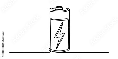 Continuous line drawing of a battery with a lightning bolt symbol representing energy