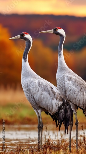 Cranes standing gracefully in a golden sunset landscape