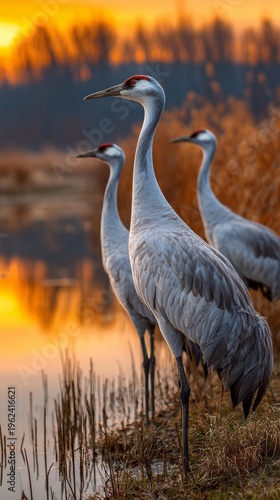 Cranes basking in the golden glow of sunset