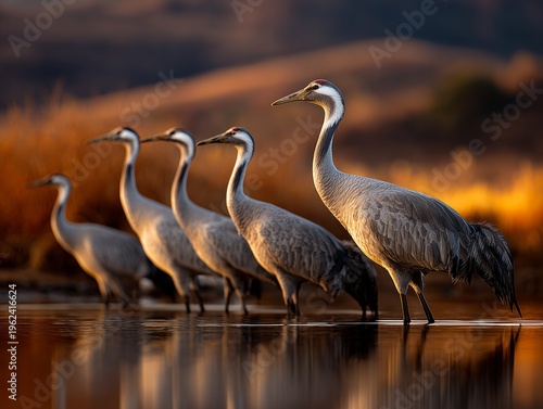 Majestic cranes wading gracefully by the shimmering water