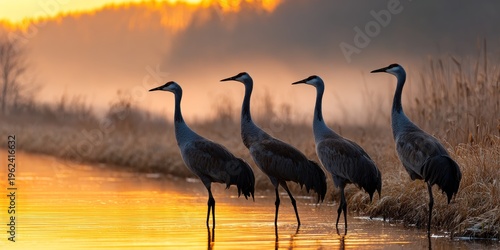 Cranes stand still at dawn by the shimmering water