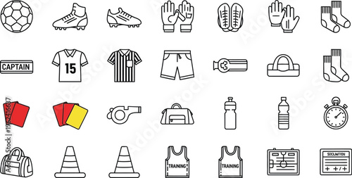 A second set of black and white line icons displays assorted gear necessary for soccer players and game management, including jerseys and scoreboards.