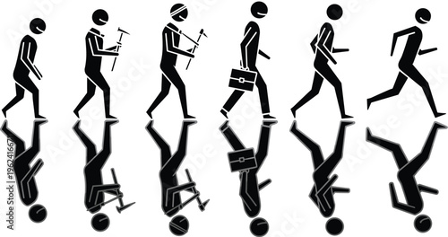 Evolution of human worker silhouette set from primitive manual labor with tools to modern corporate businessman and finally running free