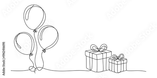 Minimalist continuous line art drawing of party balloons and gift boxes for a celebration