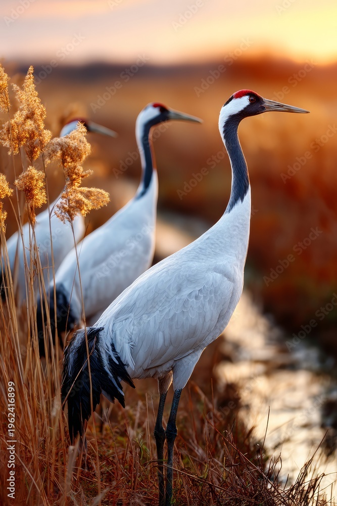 Naklejka premium Cranes stand tall in golden sunset glow by the stream