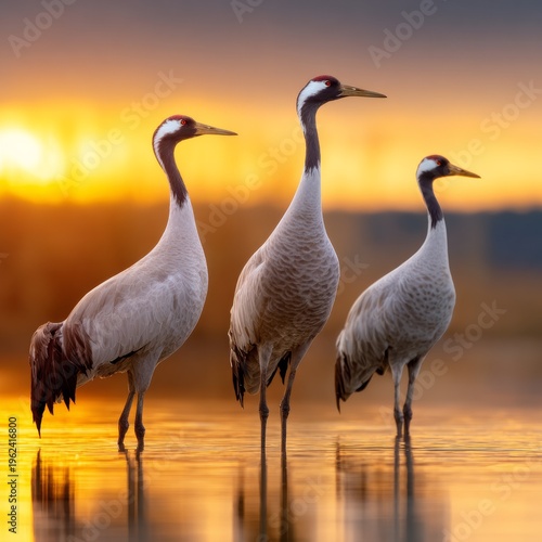 Cranes stand gracefully at sunset near the tranquil water