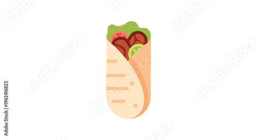 A colorful, flat illustration of a filled wrap with ingredients visible. The ingredients include greens, tomatoes, and meat