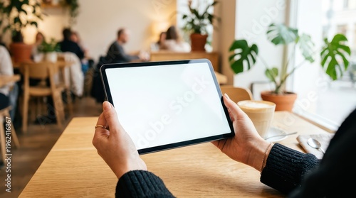 Hands holding tablet with blank screen on cafe table