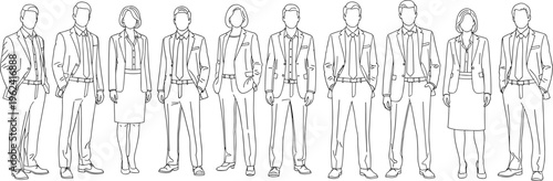 Set of professional business people line art drawings featuring diverse men and women in formal office suits for corporate leadership.