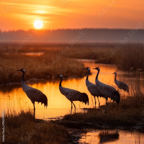 Cranes silhouetted against a stunning sunset sky