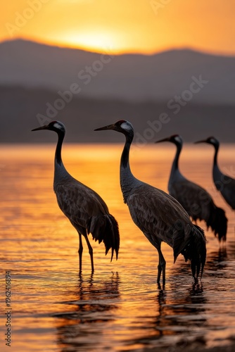 Elegance of cranes at sunset by the serene lake