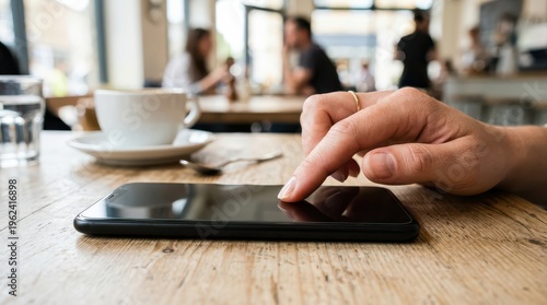 Hand touching smartphone on cafe table