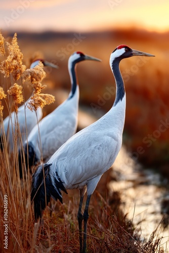Cranes stand tall in golden sunset glow by the stream