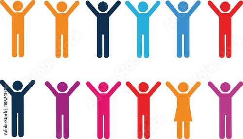 Colorful set of diverse human icons with arms raised representing global unity community inclusion social justice equality and collective success.
