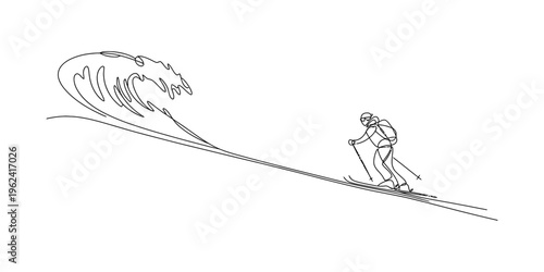 Continuous line illustration of a professional skier sliding down a mountain with a snow wave.