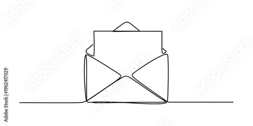 Continuous line drawing of an open envelope with a letter inside on a white background.