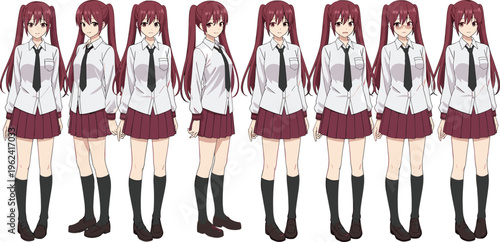 Anime schoolgirl character sprite sheet with red hair pigtails school uniform various facial expressions and standing poses for game design