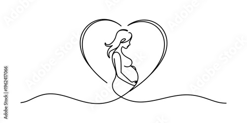Minimalist continuous line drawing of a pregnant woman silhouette within a heart shape.