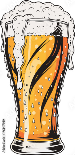 A glass of beer with foam and condensation