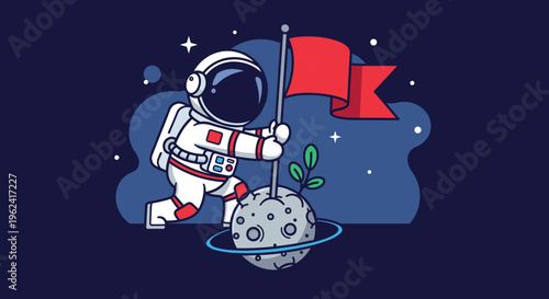 Cartoon astronaut planting red flag on cratered moon with green plant, space exploration illustration symbolizing discovery, life, and cosmic adventure.