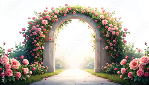 Stone archway, pink roses, luminous garden, sunrise path. Classic portal, fragrant vines, graceful lawn, soft radiance. Ceremony entrance, blooming masonry, serene meadow