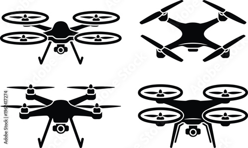 Collection of four distinct black silhouette drone quadcopter showcasing aerial technology and modern surveillance devices