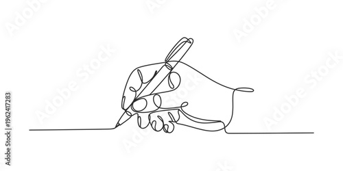 Hand holding a pen and writing a letter in continuous line drawing style on a white background.