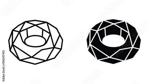 Geometric torus shapes composed of interconnected polygons in contrasting styles