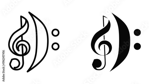 Contrasting treble clefs with decorative musical elements and filled vs empty notes