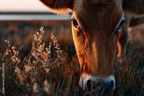 Golden light kisses the grazing cow at sunset